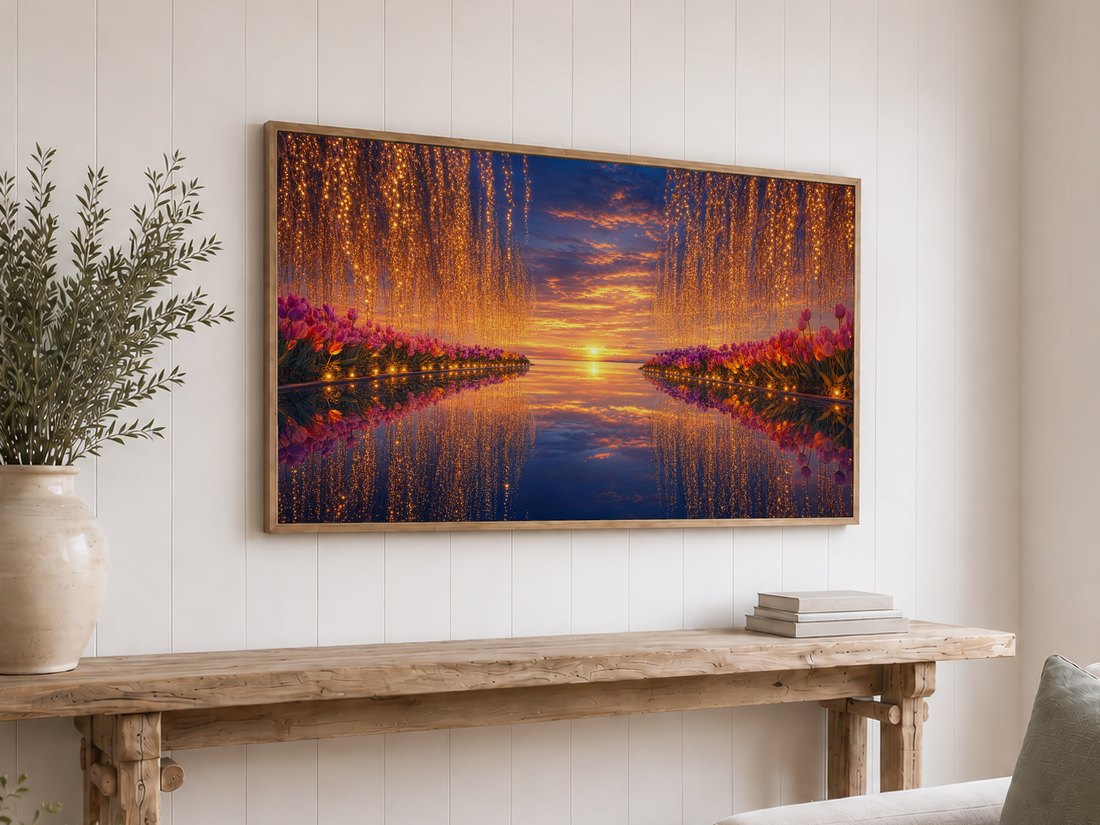 Sunset tulip reflection art on a light oak framed TV against a white shiplap wall, above a rustic reclaimed-wood console with olive branches and neutral books, pairing warm sunset tones with a relaxed coastal-farmhouse feel.