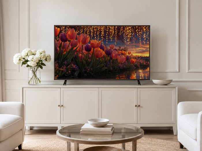 Frame TV art of sunset tulips and hanging fairy lights displayed in a neutral living room with a cream panelled wall, cream sideboard, white hydrangeas, glass coffee table and pale armchairs on a jute rug.
