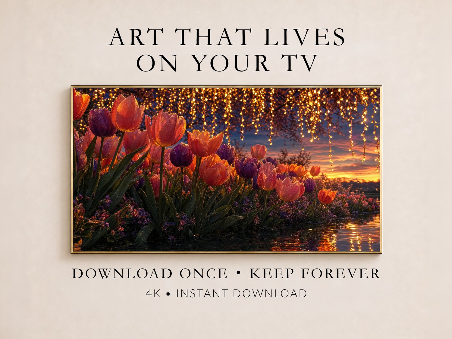 Tulip garden art in a thin gold frame on a Frame TV against a soft cream wall, showing glowing pink, orange and purple tulips lit by fairy lights at sunset, promoted as an instant 4K digital download for your TV.