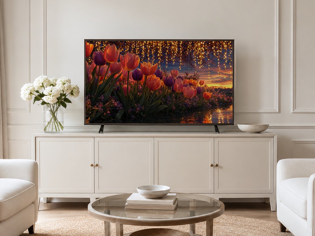 Frame TV art of sunset tulips and hanging fairy lights displayed in a neutral living room with a cream panelled wall, cream sideboard, white hydrangeas, glass coffee table and pale armchairs on a jute rug.