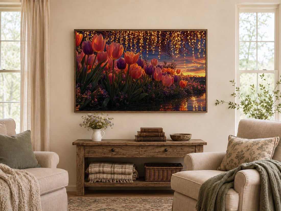 Tulip garden artwork on a Frame TV in a dark reclaimed-wood frame, set in a warm farmhouse living room above a rustic console table with wildflowers, leather books and cream armchairs with sage cushions.