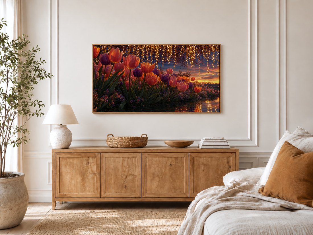 Glowing tulip and fairy light artwork shown on a Frame TV in a bright bedroom with cream panelled moulding, a light oak sideboard, ceramic lamp, potted olive tree and a linen bed with a rust cushion.