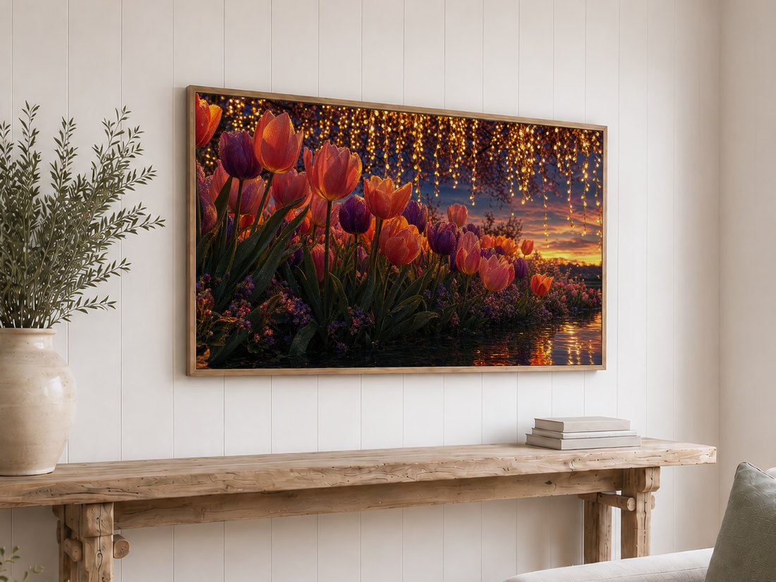 Sunset tulip garden art displayed on a light oak framed TV against a white shiplap wall, above a rustic console table with olive branches in a ceramic vase and a stack of neutral books.