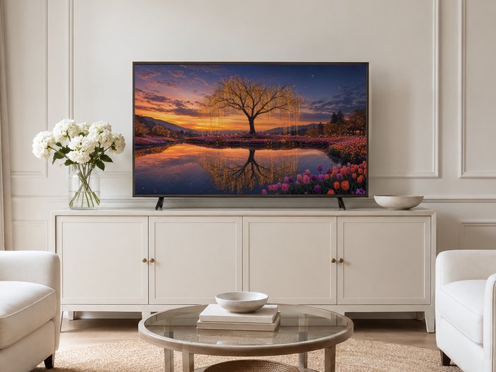 Sunset tree with cascading fairy lights displayed on a TV in a neutral living room, cream panelled wall behind, a long cream sideboard, white hydrangeas, a round glass coffee table and pale armchairs on a jute rug.