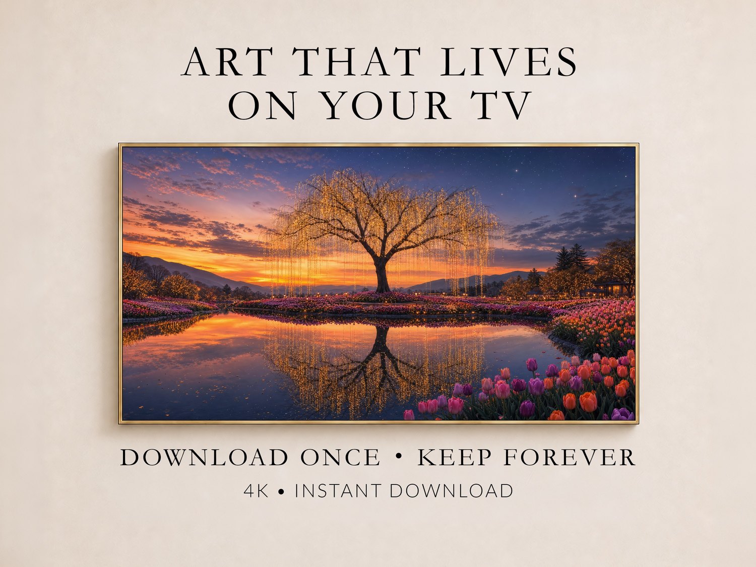 Fairy light willow tree artwork shown in a thin gold frame on a soft cream wall, glowing gold branches over pink tulips and a reflective pond, with text reading Art That Lives On Your TV and 4K Instant Download.