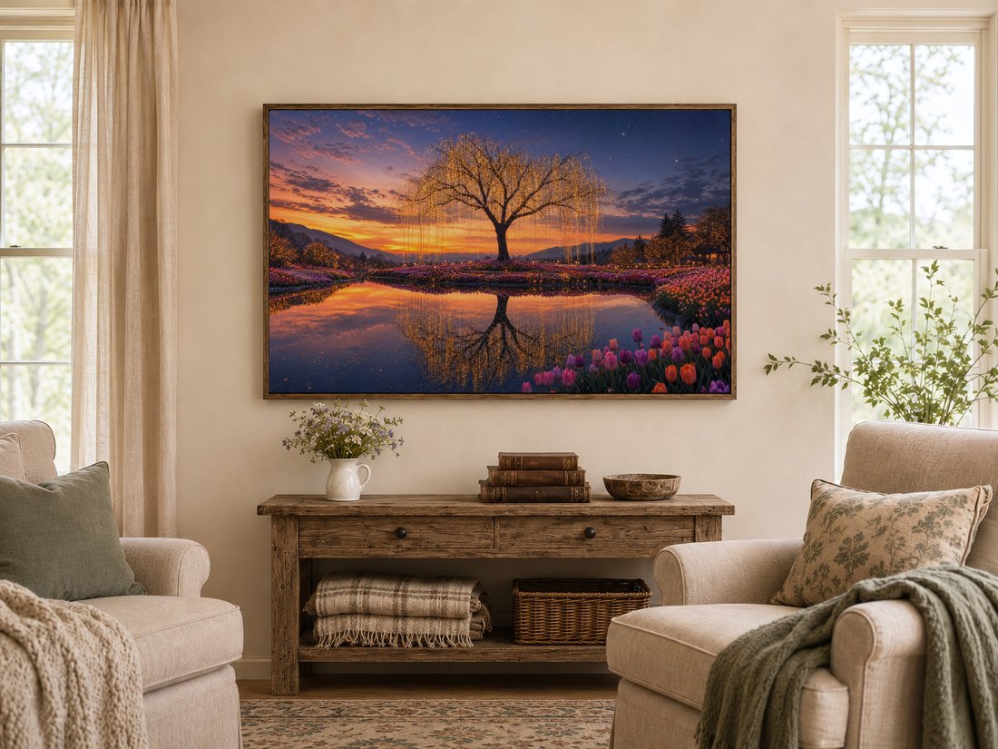 Glowing willow tree over tulip beds and water shown on a TV in a warm farmhouse living room, framed in dark reclaimed wood above a rustic console with a pitcher of wildflowers, leather books and a carved wooden bowl.