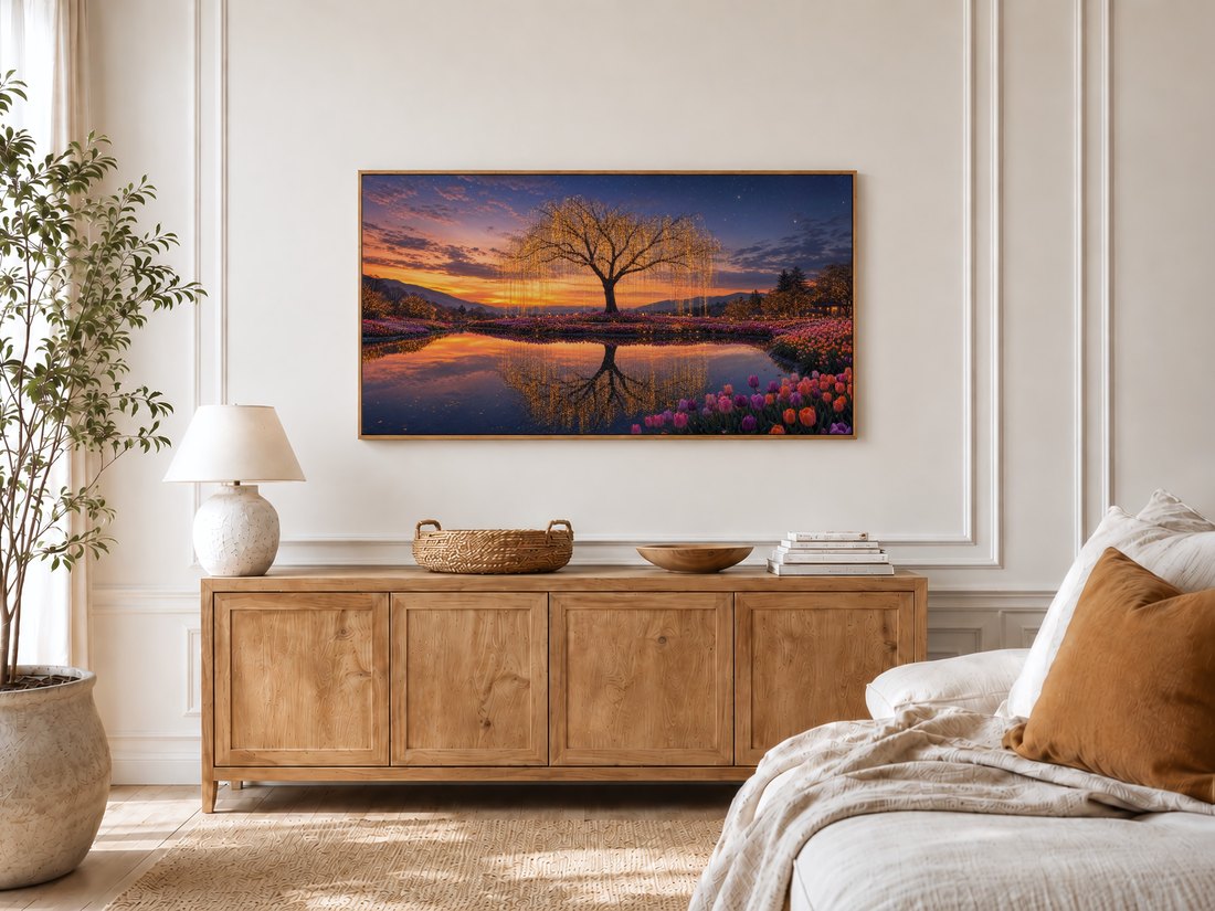 Fairy light tree and tulip garden reflection displayed on a TV in a bright bedroom with cream panelled moulding, a light oak sideboard, ceramic lamp, rattan tray, wooden bowl, potted olive tree and a linen bed with a rust cushion.