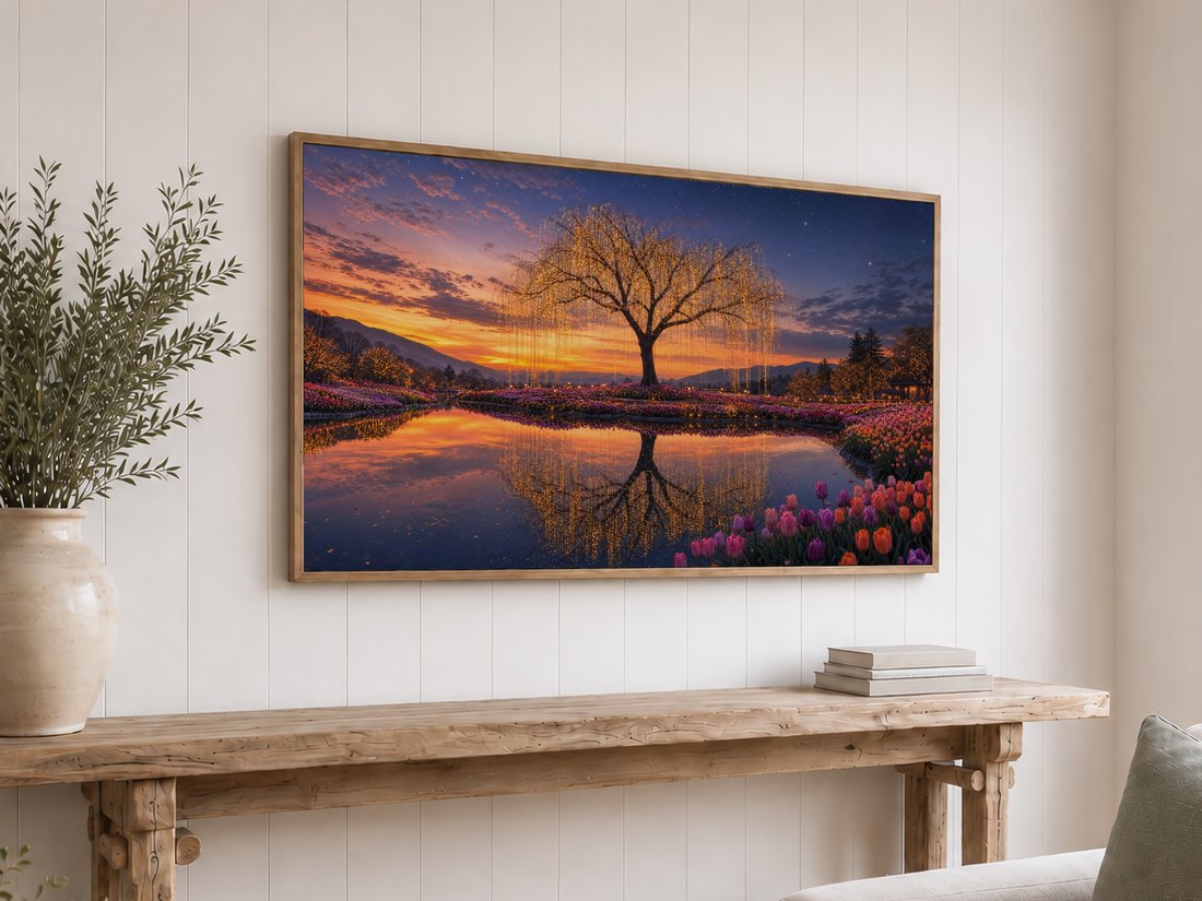Sunset willow tree strung with lights over pink tulip beds shown on a light oak framed TV against a white shiplap wall, above a rustic reclaimed-wood console with olive branches in a cream vase and a stack of neutral books.