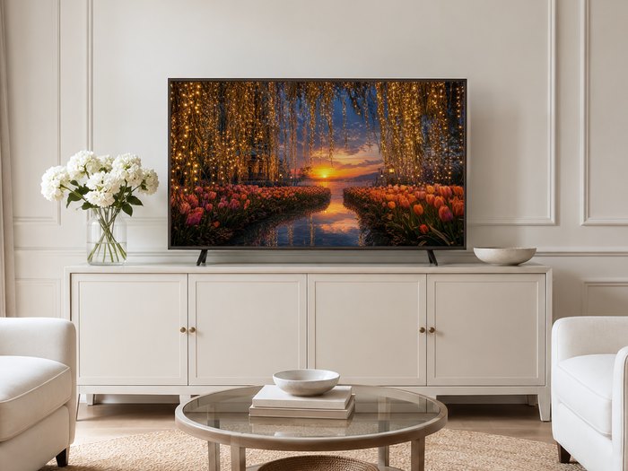 Tulip garden sunset displayed on a Frame TV in a neutral living room with a cream panelled wall, long sideboard with brass knobs, white hydrangeas, a glass coffee table and pale armchairs on a jute rug.