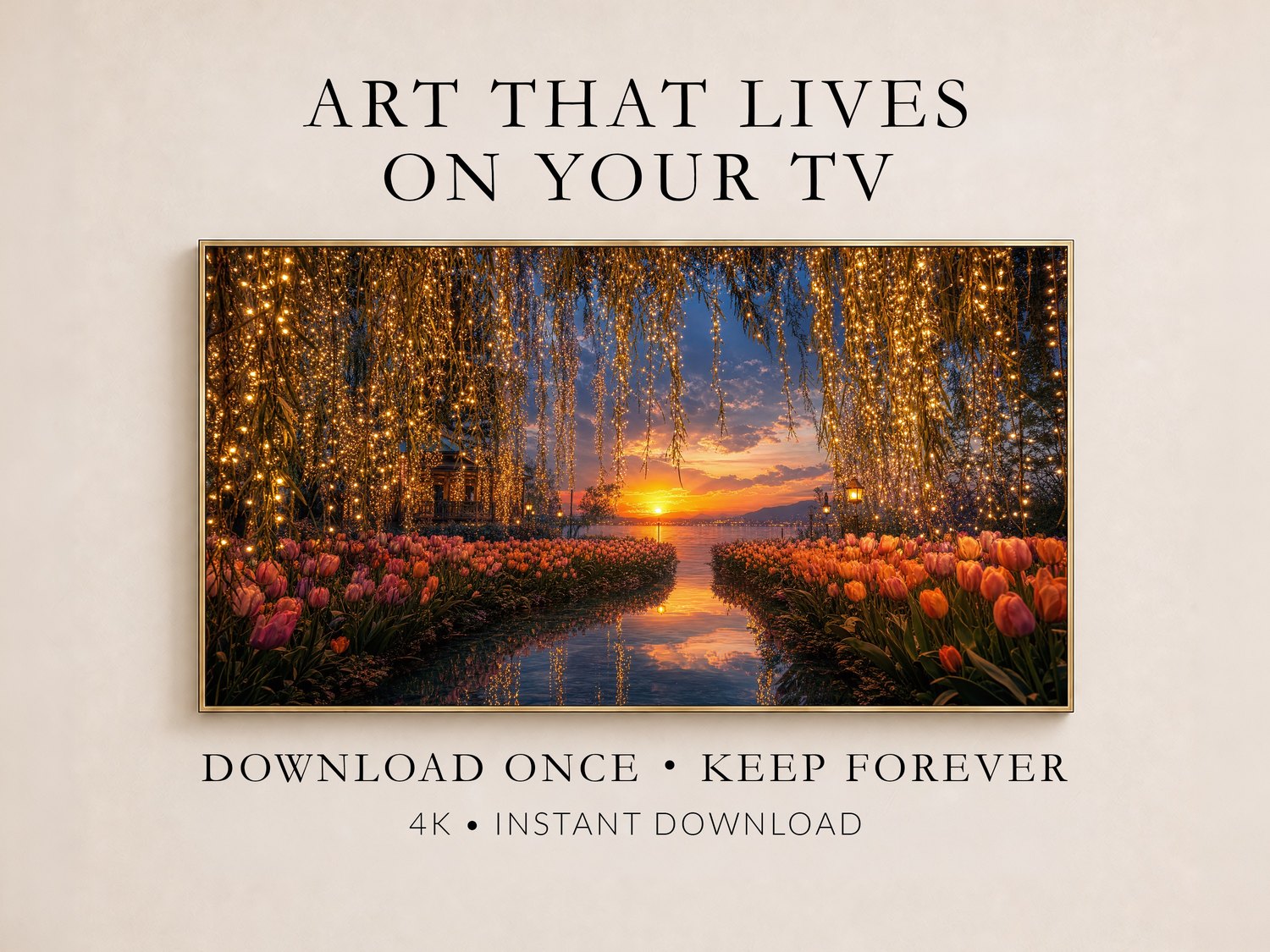Tulip garden sunset framed in gold on a Frame TV, shown in a promotional layout on a soft cream wall with text reading Art That Lives On Your TV, Download Once Keep Forever, 4K Instant Download.