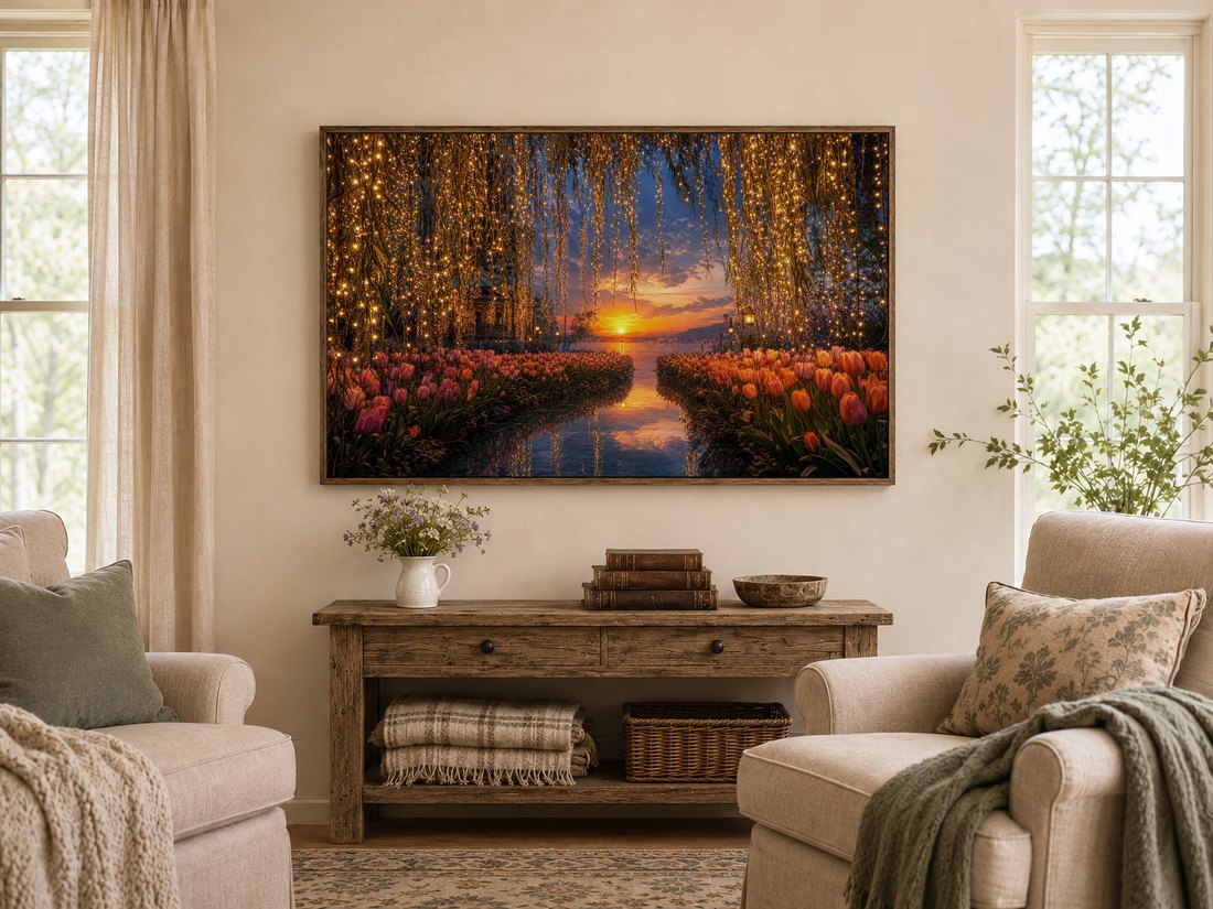 Golden sunset and tulip fields shown on a Frame TV in a warm farmhouse living room above a rustic console with a pitcher of wildflowers, leather books and a wooden bowl, flanked by cream armchairs and linen curtains.