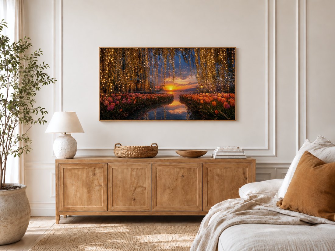 Fairy light canopy and tulip sunset scene on a Frame TV in a bright bedroom with cream panelled moulding, a light oak sideboard, textured ceramic lamp, potted olive tree and a linen bed with a rust cushion.