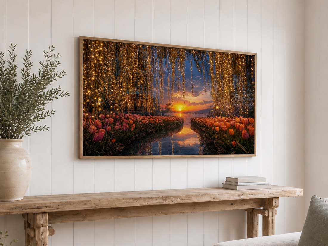 Warm tulip garden sunset glowing on a Frame TV in a light oak frame above a reclaimed-wood console table, set against a white shiplap wall with olive branches in a ceramic vase and a stack of neutral books.