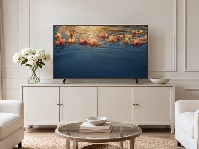 Floating cherry blossom art on a Frame TV in a neutral living room with a cream panelled wall, cream sideboard, white hydrangeas and pale armchairs, the pink and gold blossoms adding a soft accent above the glass coffee table.