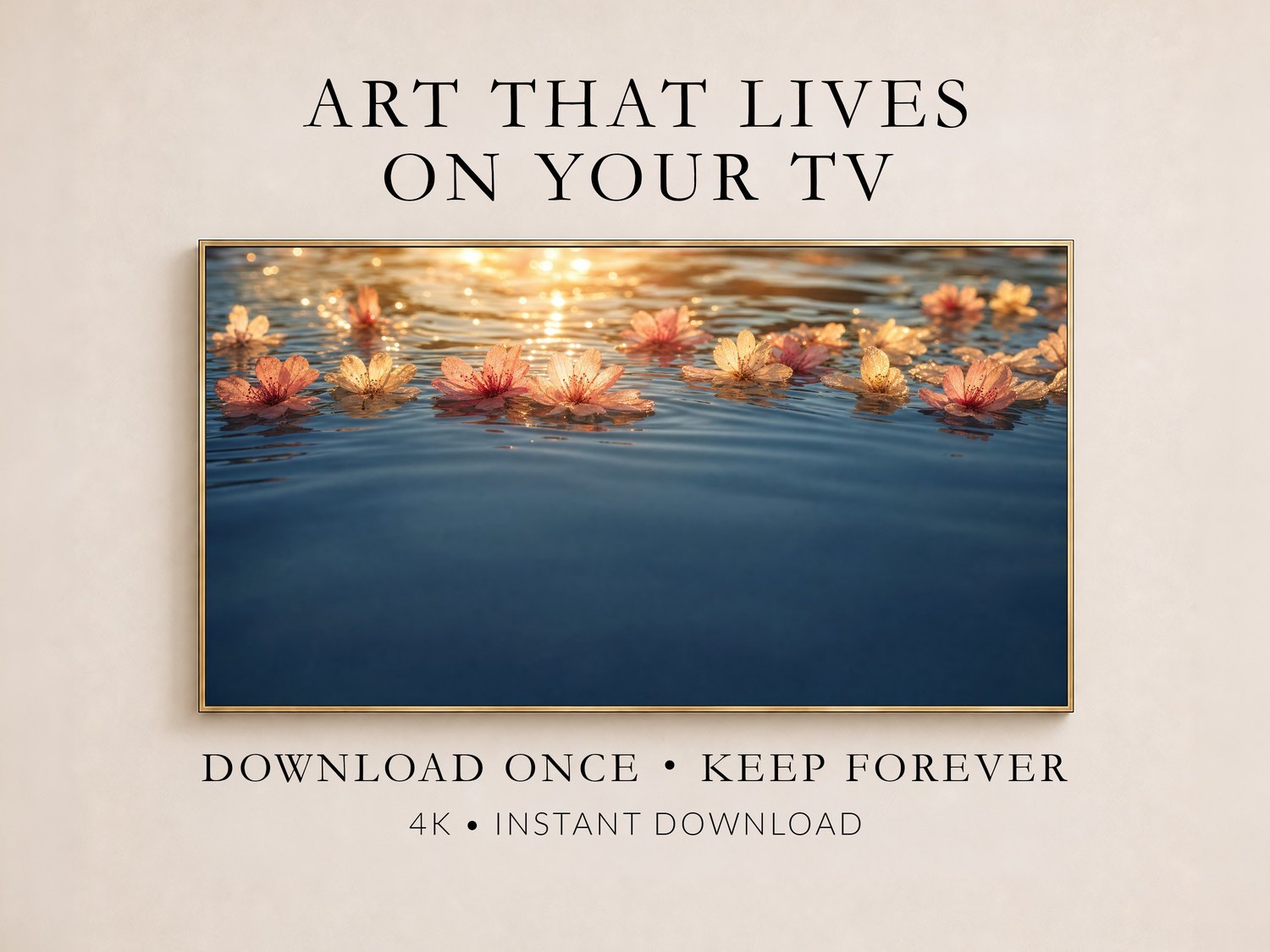 Floating cherry blossom artwork in a thin gold frame on a soft cream wall, showing pink and gold petals on blue water at sunset, with text reading Art That Lives On Your TV, Download Once, Keep Forever, 4K Instant Download.