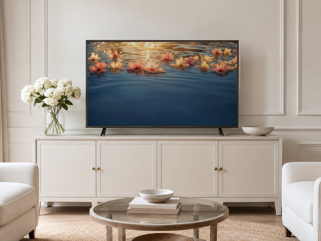 Floating cherry blossom art on a Frame TV in a neutral living room with a cream panelled wall, cream sideboard, white hydrangeas and pale armchairs, the pink and gold blossoms adding a soft accent above the glass coffee table.