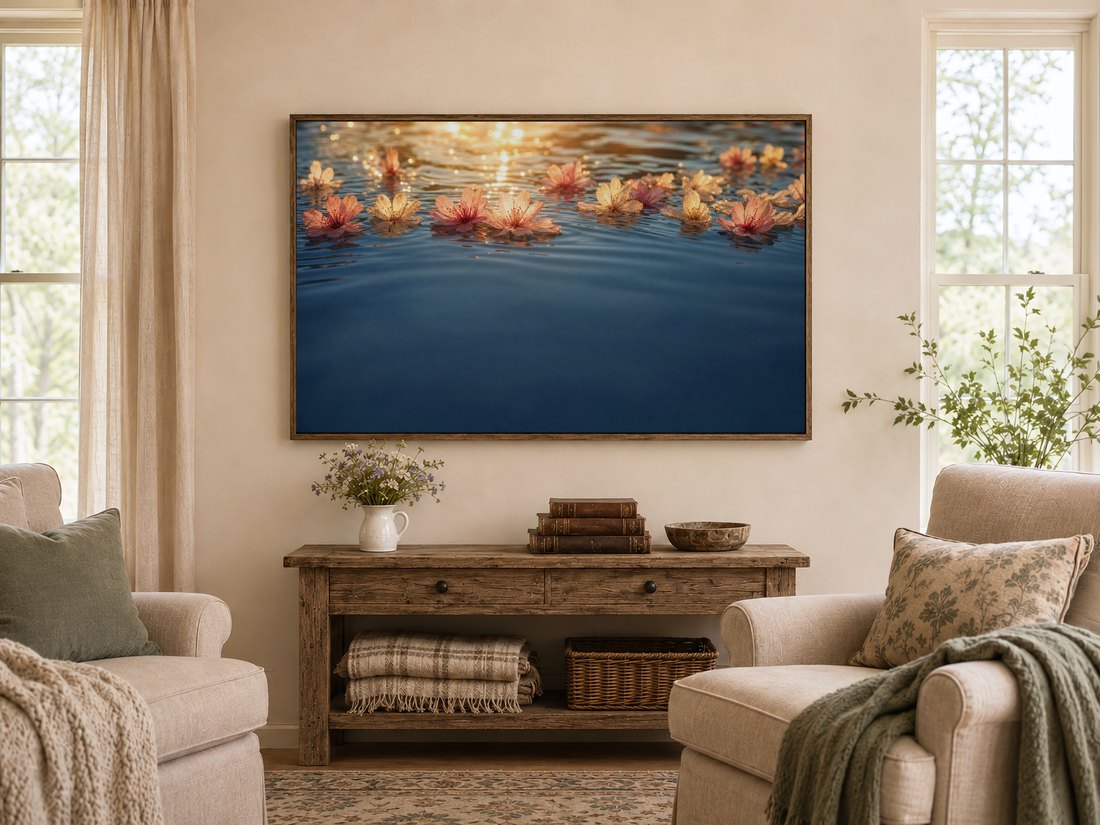 Sunset water and cherry blossom artwork on a TV in a warm farmhouse living room, framed in dark reclaimed wood above a rustic console with wildflowers and leather books, flanked by cream armchairs with sage cushions.
