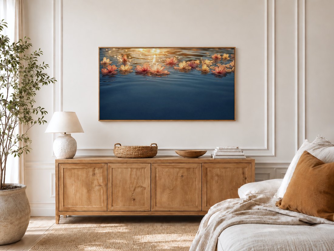 Floating pink and gold blossoms shown on a Frame TV in a bright bedroom with cream panelled moulding, a light oak sideboard, a potted olive tree and a linen bed with a rust cushion, adding a calm sunset glow to the room.