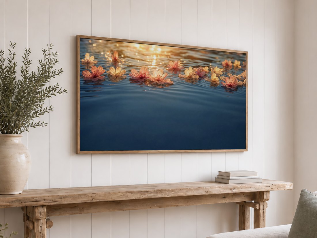 Cherry blossom water artwork displayed on a light oak framed TV against a white shiplap wall, above a rustic console with olive branches in a cream vase and neutral books, bringing warm pink and gold tones into the space.