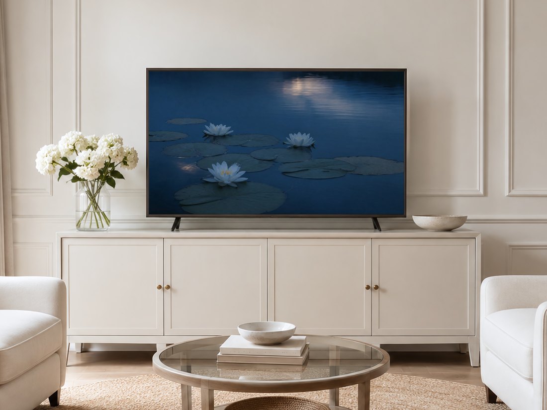 Water lily pond art displayed on a TV in a neutral living room with a cream panelled wall, long sideboard with brass knobs, white hydrangeas in a glass vase, a round glass coffee table and pale armchairs on a jute rug.