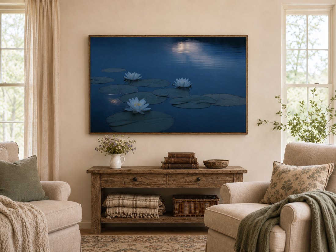 Blue hour lily pond photo on a TV in a dark reclaimed-wood frame above a rustic console table with a white pitcher of wildflowers, antique leather books and a carved wooden bowl, flanked by cream armchairs with sage cushions.