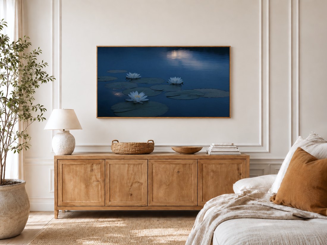 Calm water lily artwork shown on a TV in a bright bedroom with cream panelled moulding, a light oak sideboard, textured ceramic lamp, rattan tray, potted olive tree and a linen bed with a rust cushion.