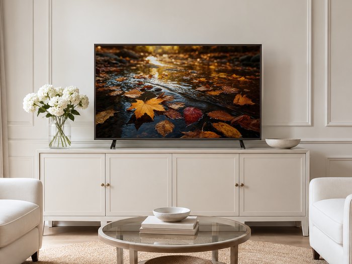 Autumn leaves floating on a stream displayed on a TV in a neutral living room with a cream panelled wall, long cream sideboard, white hydrangeas, glass coffee table and pale armchairs on a jute rug.