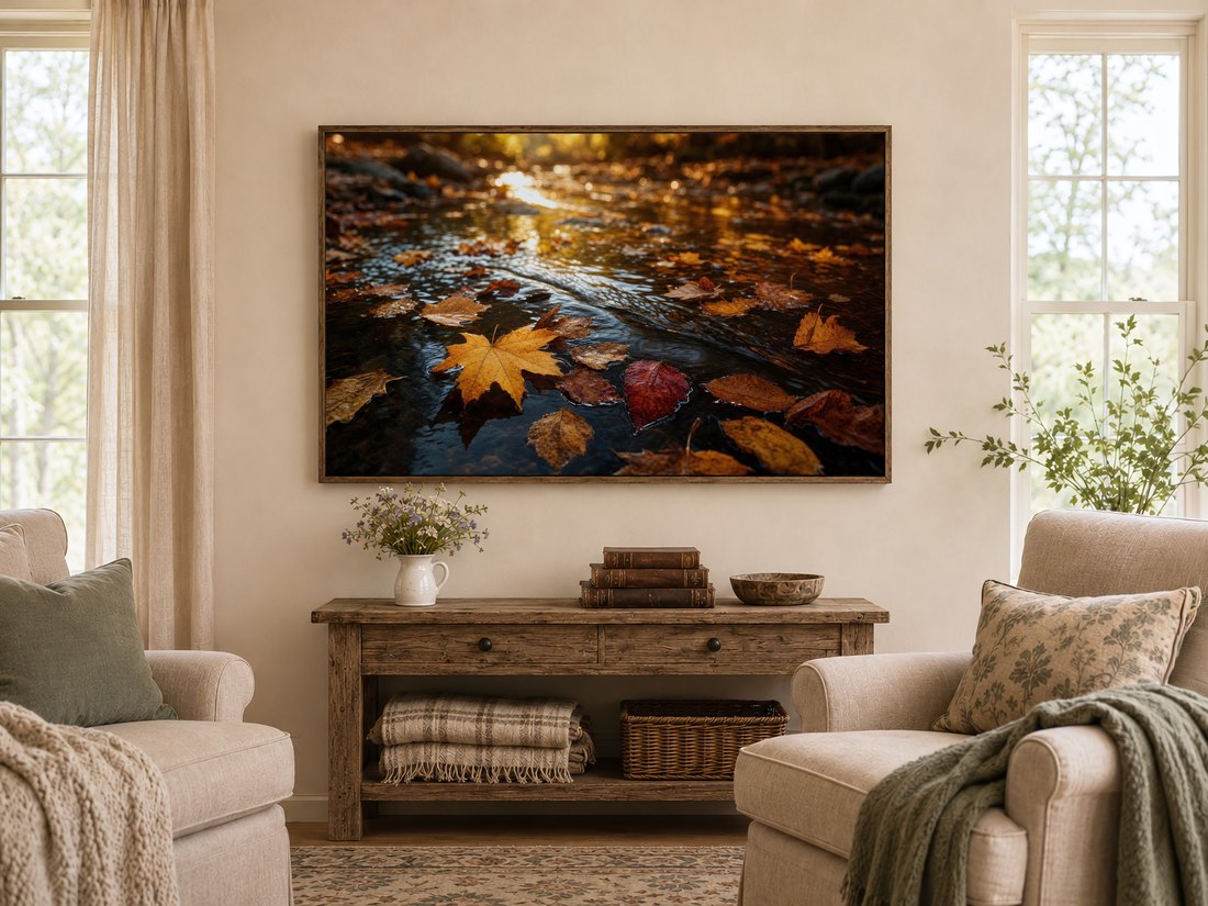 Fall leaves drifting on dark water shown on a TV in a dark reclaimed-wood frame above a rustic console table with wildflowers, leather books and a carved bowl, flanked by cream armchairs with sage cushions.