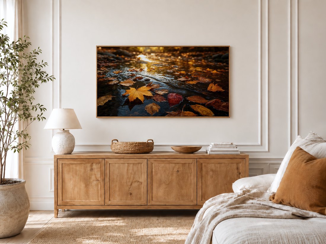 Autumn stream art with gold and red leaves shown on a TV in a bright bedroom with cream panelled moulding, an oak sideboard, ceramic lamp, potted olive tree and a linen bed with a rust cushion.