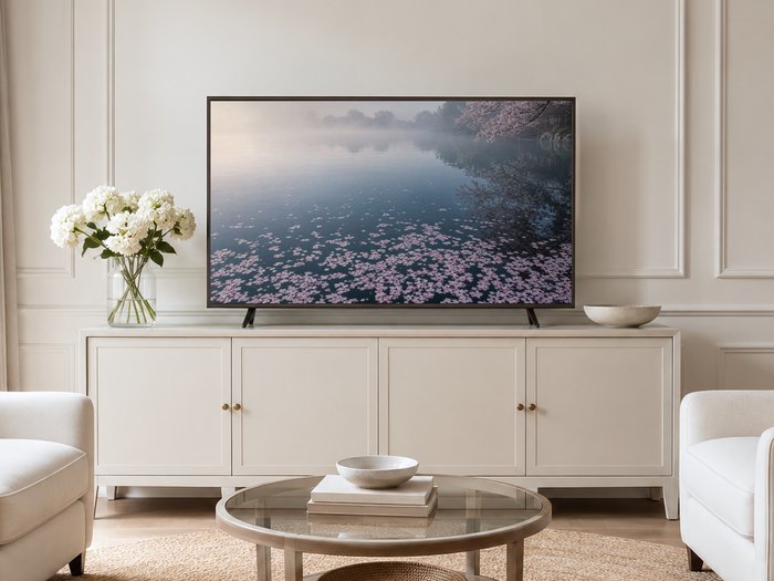 Cherry blossom pond art shown on a Frame TV in a neutral living room with a cream panelled wall, long sideboard, white hydrangeas, glass coffee table and pale armchairs on a jute rug.