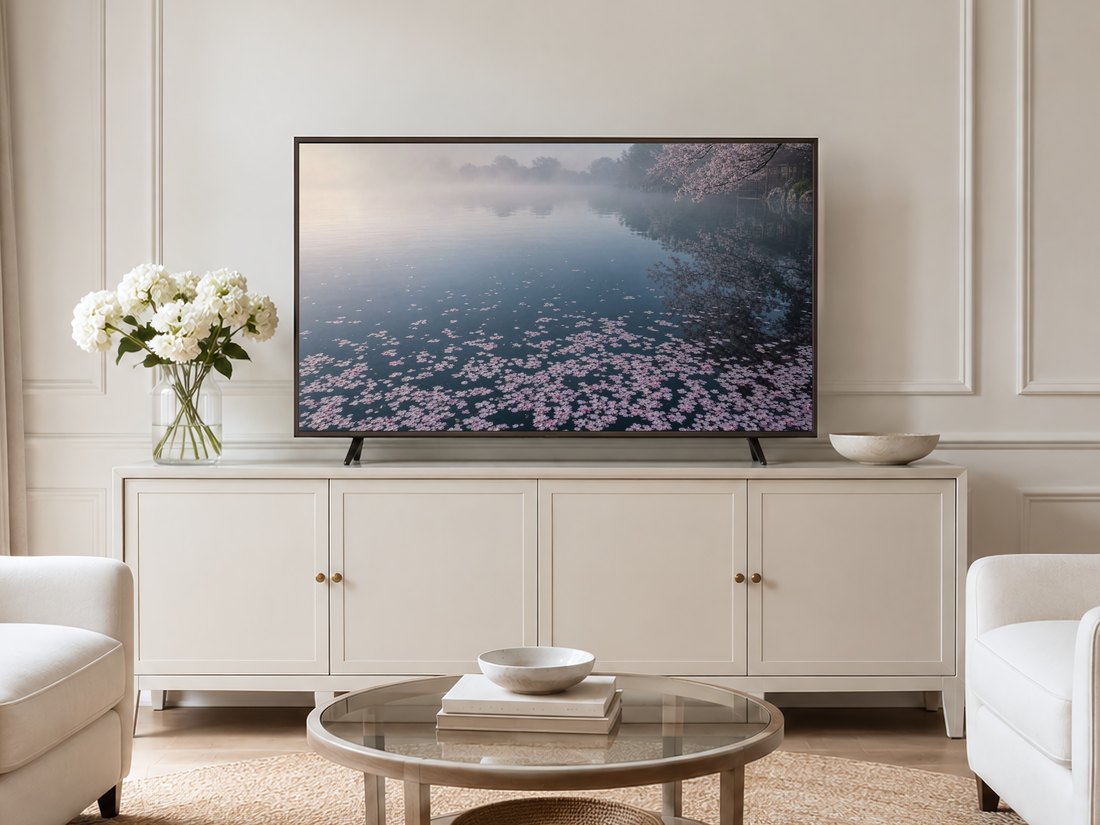 Cherry blossom pond art shown on a Frame TV in a neutral living room with a cream panelled wall, long sideboard, white hydrangeas, glass coffee table and pale armchairs on a jute rug.