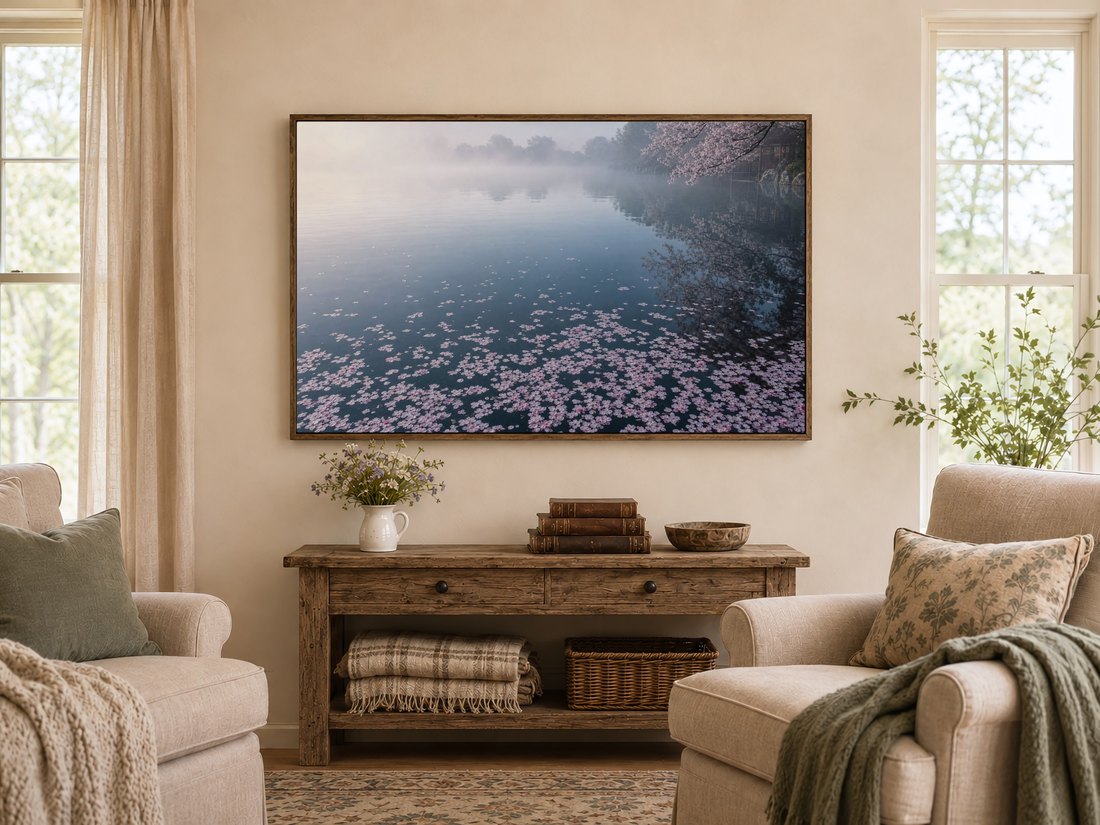 Misty cherry blossom pond scene on a Frame TV in a warm farmhouse living room with a dark reclaimed-wood frame, rustic console, wildflowers, leather books and sage-cushioned armchairs.