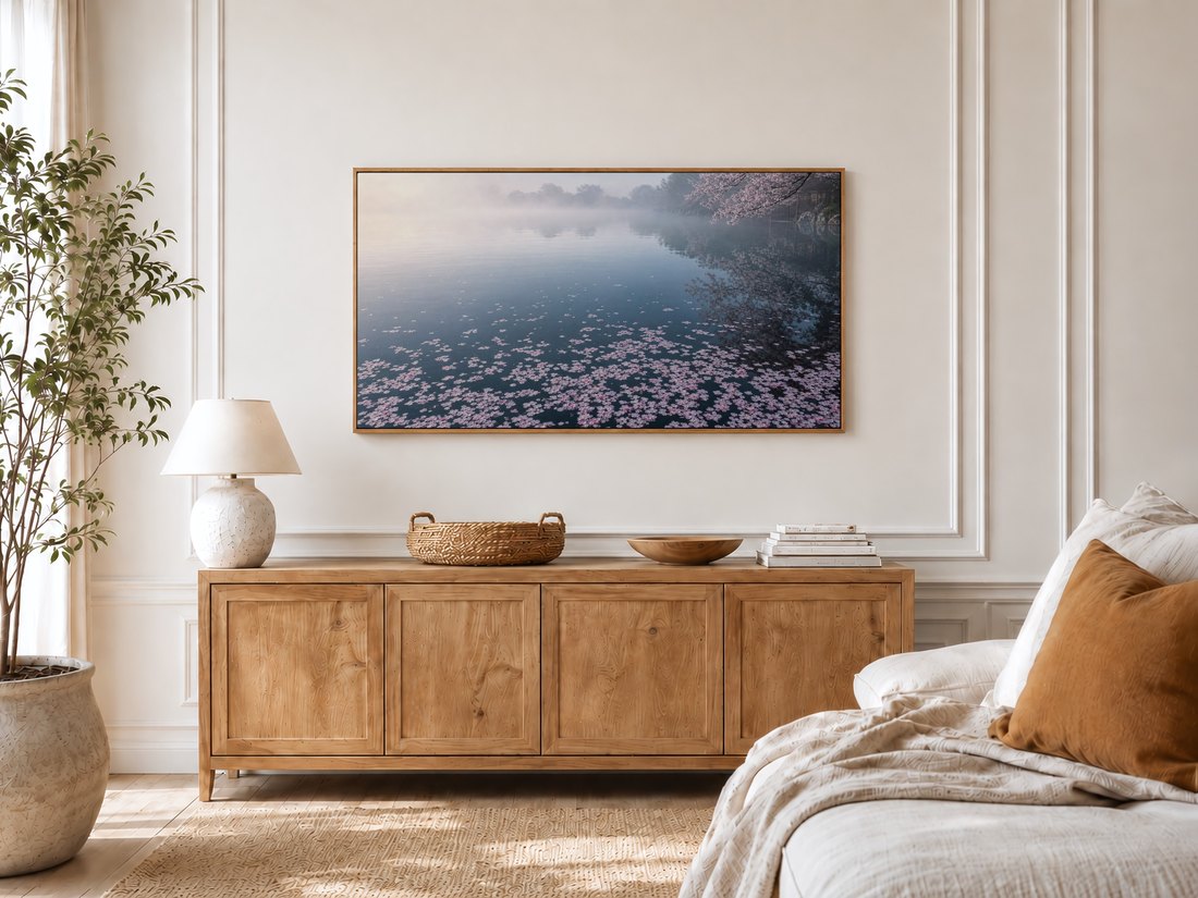 Soft pink cherry blossom pond artwork on a Frame TV in a bright bedroom with cream panelled moulding, a light oak sideboard, ceramic lamp, potted olive tree and linen bedding with a rust cushion.
