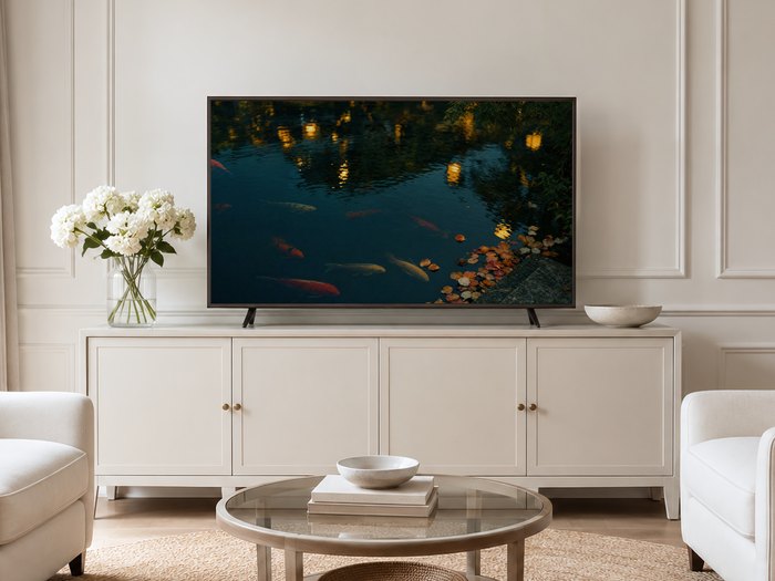 Koi pond dusk art on a Frame TV in a neutral living room with a cream panelled wall, long sideboard, white hydrangeas and pale armchairs, adding a calm glowing accent to the space.