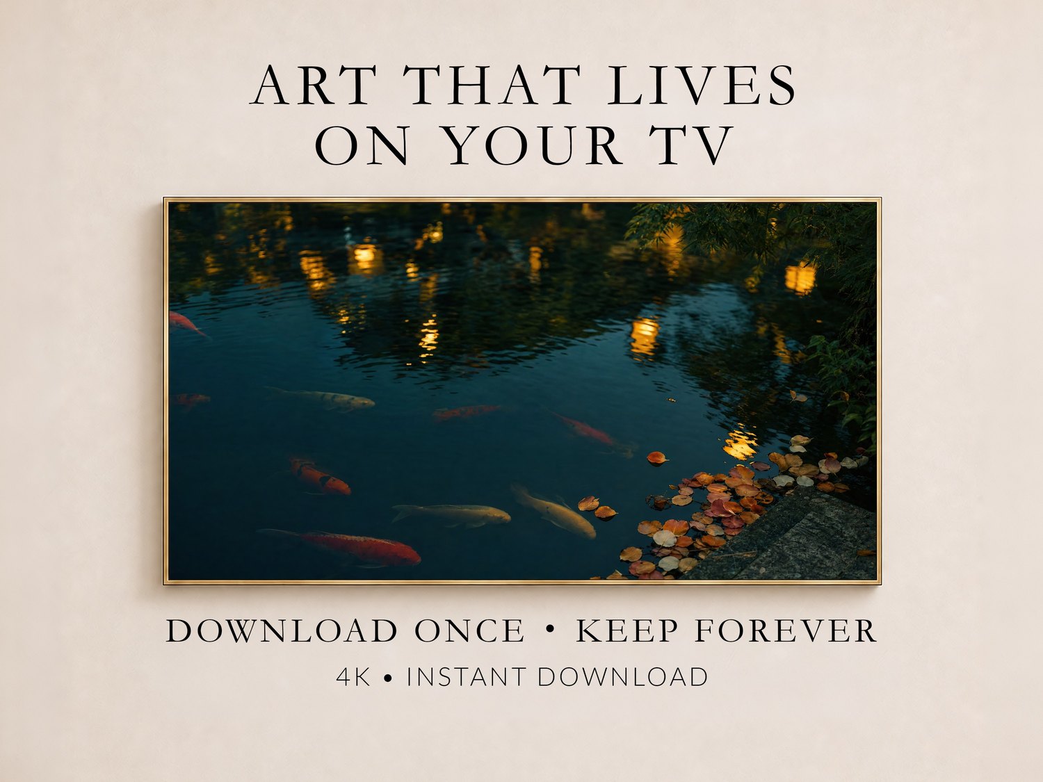 Golden koi pond art displayed in a thin gold frame on a soft cream wall, showing dusky teal water with glowing reflections, part of a promotional layout for downloadable Frame TV art.
