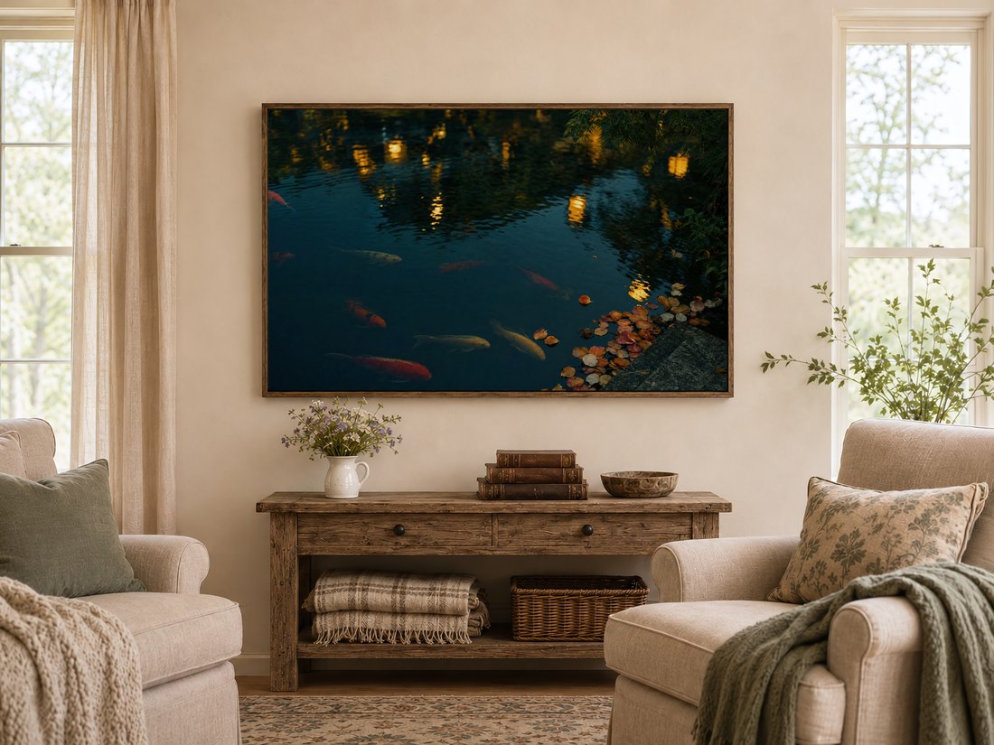 Golden koi pond artwork on a Frame TV above a rustic console table with wildflowers, leather books and a wooden bowl, bringing quiet evening color into a warm farmhouse living room.