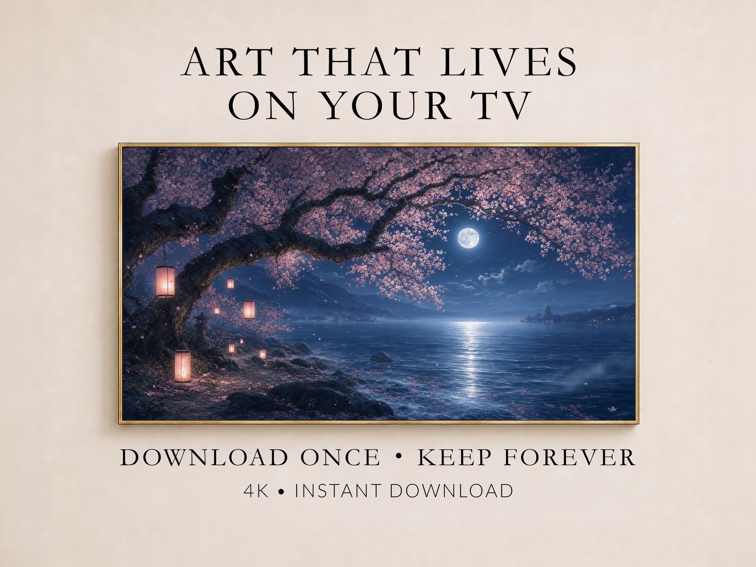 Cherry blossom moonlit shore artwork displayed in a thin gold frame on a cream wall, showing sakura branches, glowing lanterns and a full moon over calm water, illustrating Frame TV art as an instant 4K download.