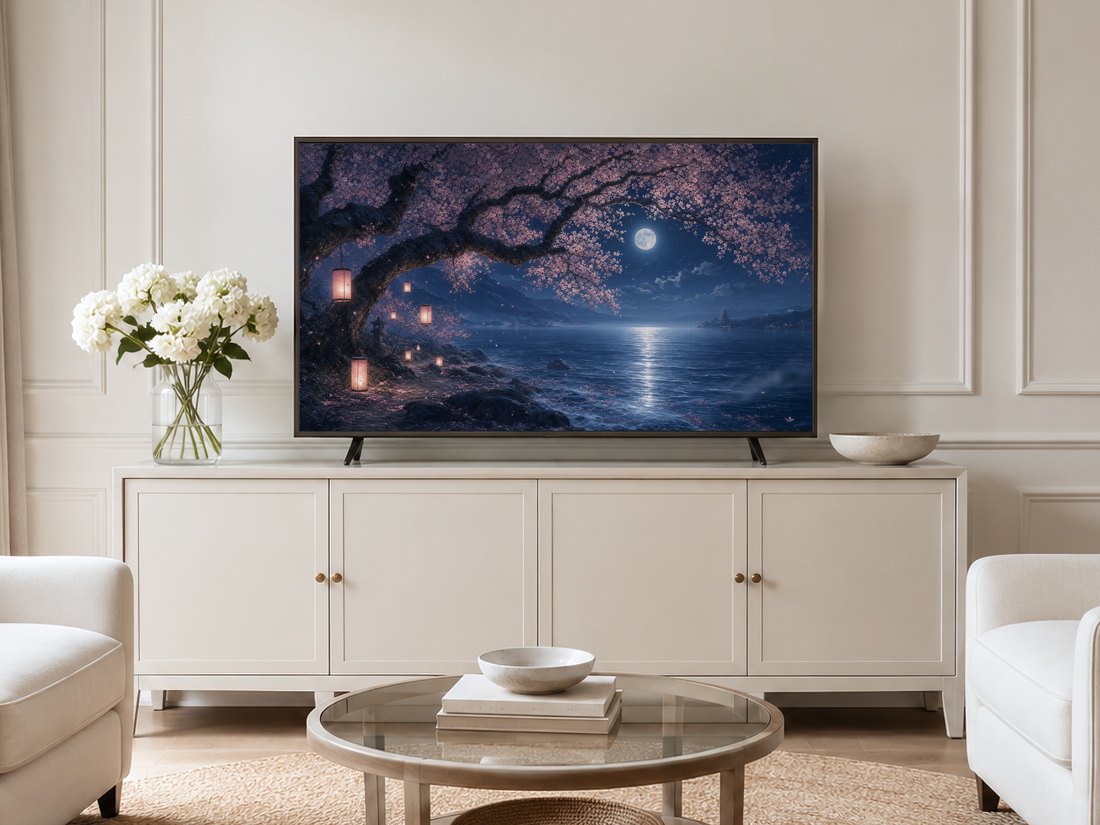 Cherry blossom and moonlit water scene shown on a Frame TV in a neutral living room with a cream panelled wall, sideboard, white hydrangeas and pale armchairs, bringing soft indigo and pink tones into a calm modern space.