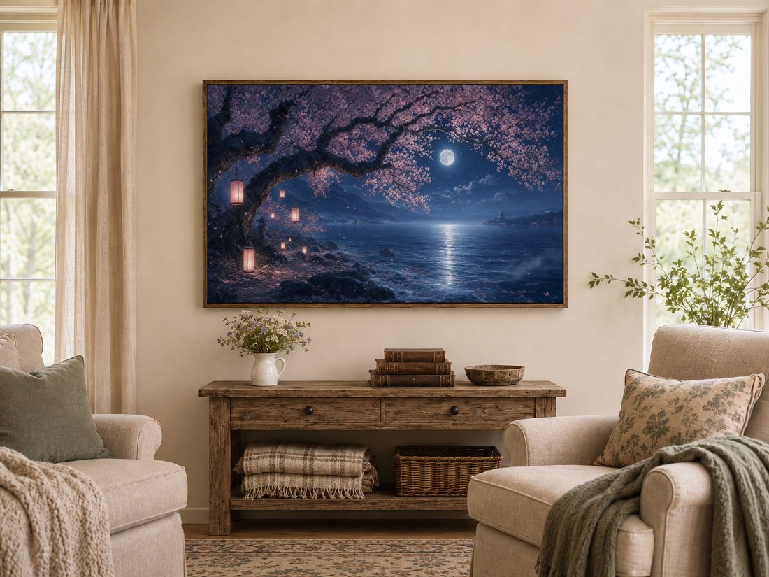 Moonlit sakura shoreline artwork on a Frame TV above a rustic reclaimed-wood console in a warm farmhouse living room, styled with wildflowers, leather books and sage cushions for a cozy nature-inspired look.