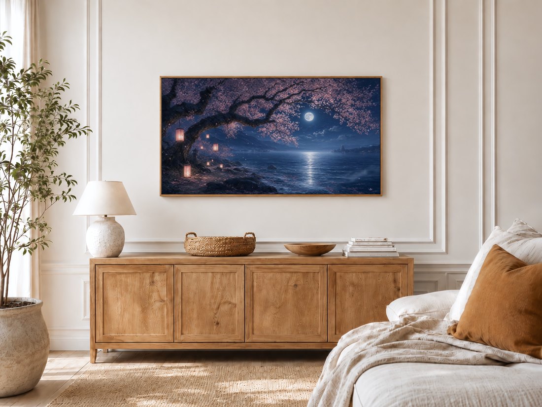 Cherry blossom night landscape displayed on a Frame TV in a bright bedroom with cream panelled moulding, light oak sideboard and an olive tree, adding a peaceful blush and indigo glow to the room.