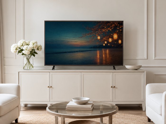 Cherry blossom beach at dusk displayed on a Frame TV in a neutral living room with a cream panelled wall, long sideboard with brass knobs, white hydrangeas and pale armchairs on a jute rug, ideal calm accent art for a soft, airy space.