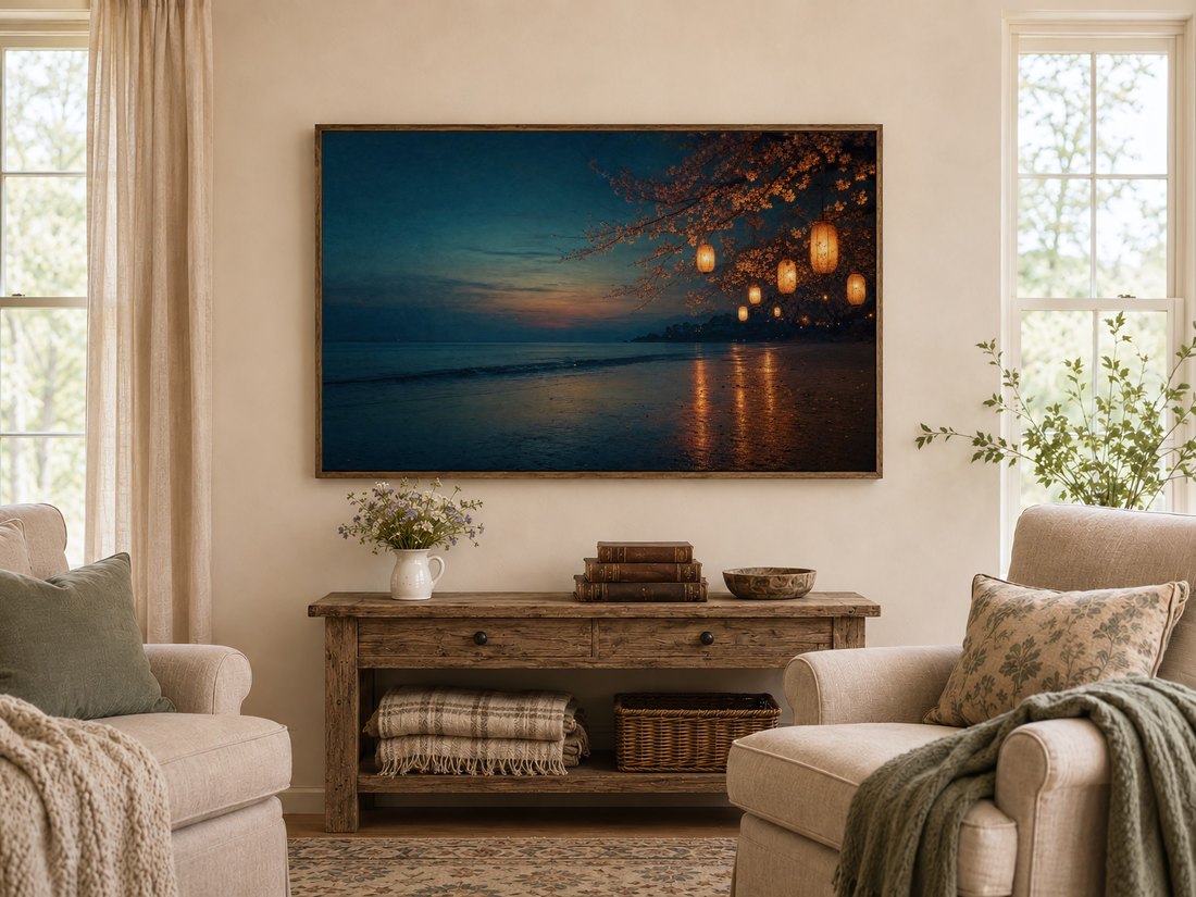 Warm lantern-lit seascape shown above a rustic reclaimed-wood console in a farmhouse living room, styled with wildflowers, leather books and a carved wooden bowl, flanked by cream armchairs with sage cushions and linen curtains.