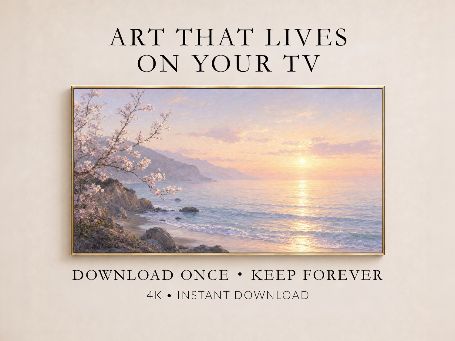 Cherry blossom sunrise cove art shown in a thin gold frame on a cream wall, with soft pink, peach and lavender tones, illustrating instant 4K digital download art for a Frame TV.