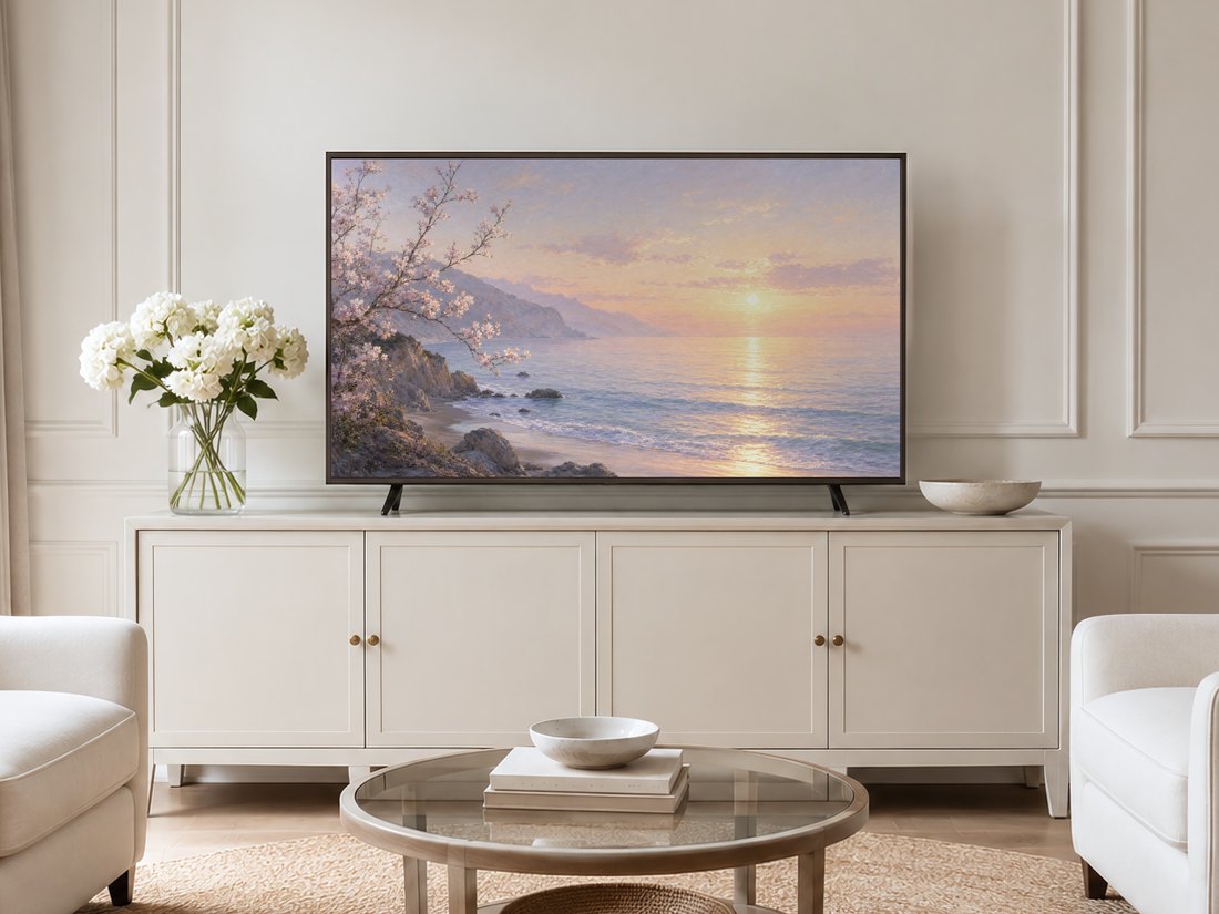 Blossom coast sunrise painting on a Frame TV in a neutral living room with a cream panelled wall, long sideboard, white hydrangeas and pale armchairs on a jute rug, ideal for calm modern decor.