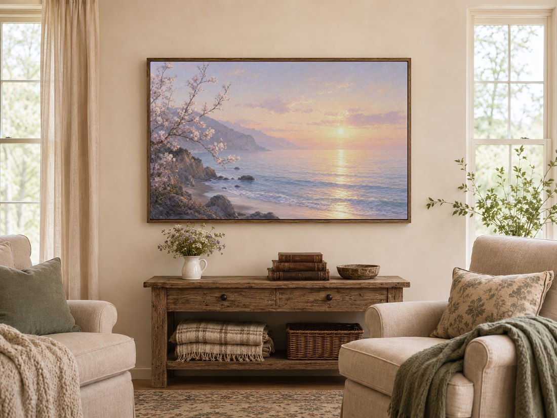 Pink cherry blossom seascape displayed on a Frame TV in a warm farmhouse living room, above a rustic console with wildflowers and leather books, flanked by cream armchairs with sage cushions.