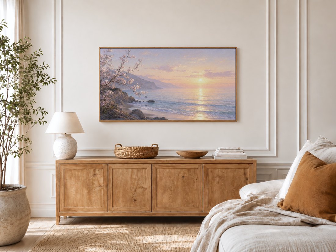Soft sunrise cove art with blossom branches shown on a Frame TV in a bright bedroom, near an oak sideboard, ceramic lamp, potted olive tree and linen bed styled with a rust cushion.