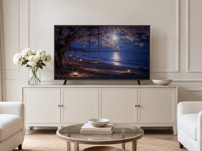 Cherry blossom moonlit beach swing art displayed on a Frame TV in a neutral living room with a cream panelled wall, long sideboard with brass knobs, white hydrangeas, a glass coffee table and pale armchairs on a jute rug.