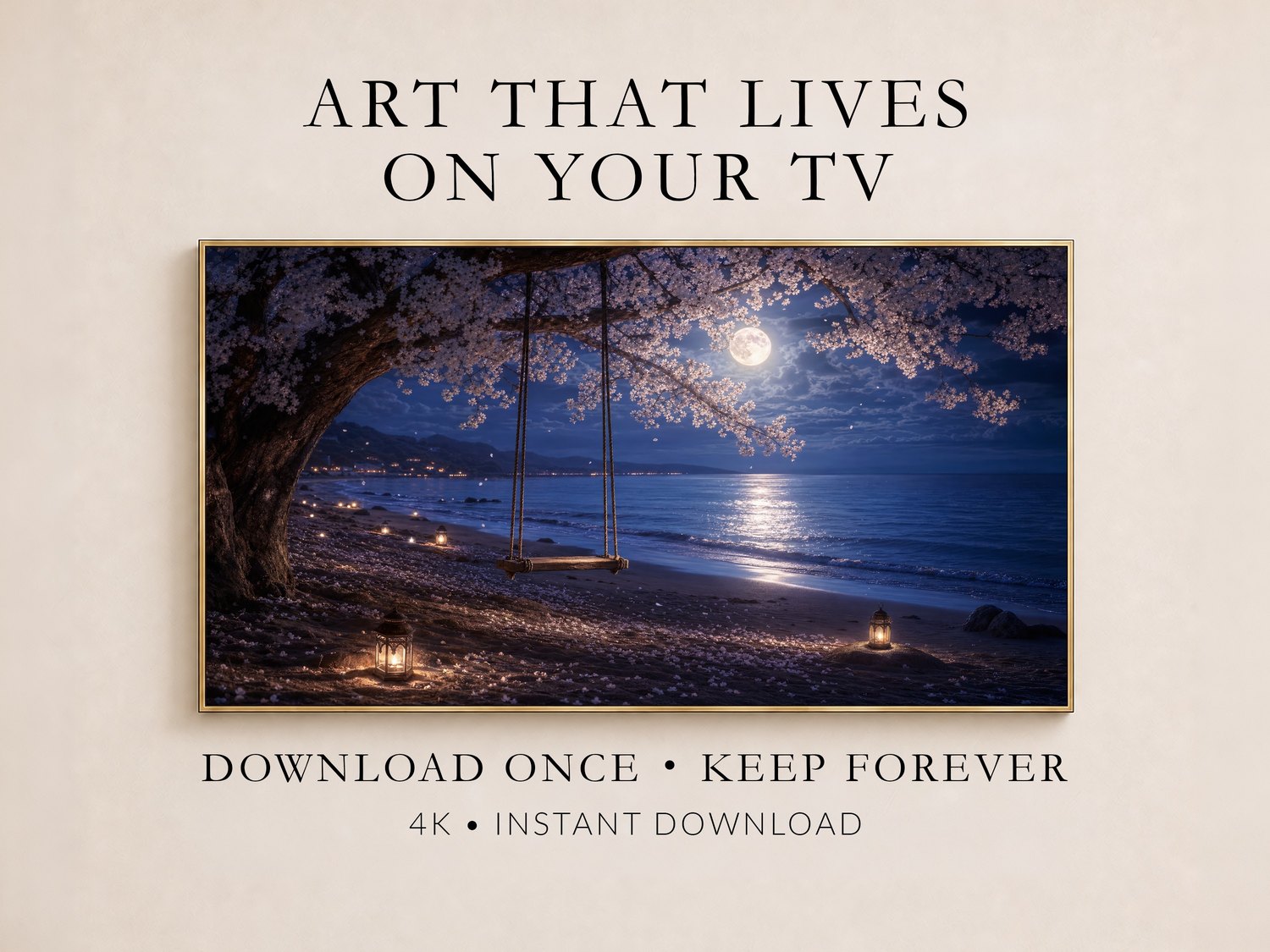 Moonlit cherry blossom and beach swing artwork shown in a thin gold frame on a soft cream wall, with deep blue and violet night tones, promoting Frame TV art you download once and keep forever in 4K.