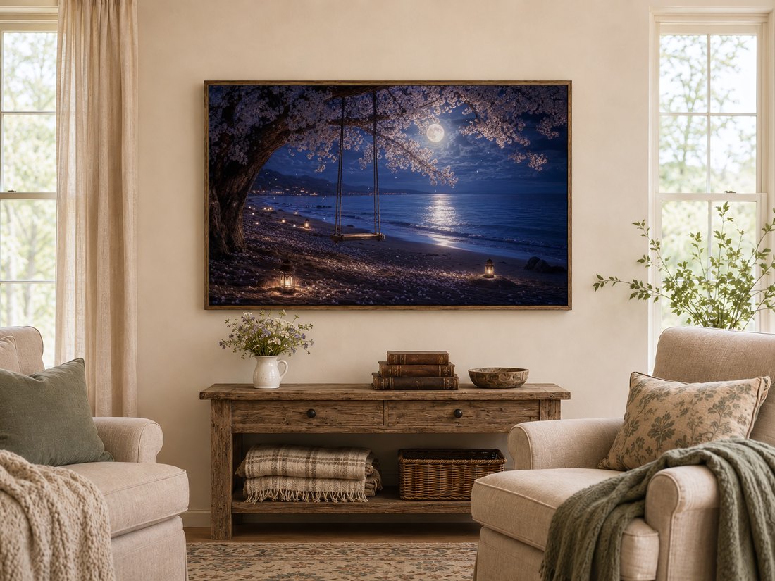 Night ocean and blossom swing artwork on a Frame TV in a warm farmhouse living room, framed in dark reclaimed wood above a rustic console table with a wildflower pitcher, leather books, wooden bowl and sage-cushioned armchairs.