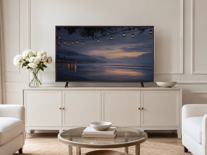 Foggy blue hour shoreline art displayed on a TV in a neutral living room with a cream sideboard, white hydrangeas, glass coffee table and pale armchairs on a jute rug.